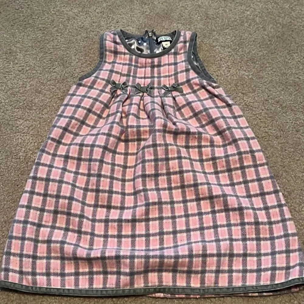 The Children’s Place Pink and Gray Plaid Sleeveless Wool Formal Dress- 3T Vintag